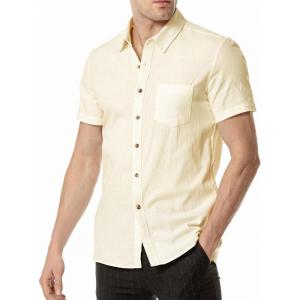 imageMens Summer Cotton Linen Short Sleeve Slim Fit Button Down Shirts with Pockets for Vacation BeachLight Yellow