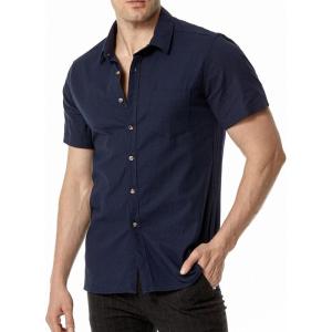 imageMens Summer Cotton Linen Short Sleeve Slim Fit Button Down Shirts with Pockets for Vacation BeachNavy Blue