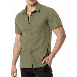 imageMens Summer Cotton Linen Short Sleeve Slim Fit Button Down Shirts with Pockets for Vacation BeachOlive Green
