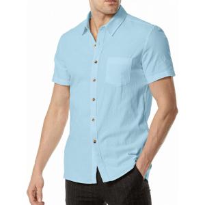 imageMens Summer Cotton Linen Short Sleeve Slim Fit Button Down Shirts with Pockets for Vacation BeachSky Blue
