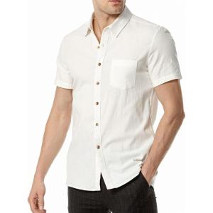 imageMens Summer Cotton Linen Short Sleeve Slim Fit Button Down Shirts with Pockets for Vacation BeachWhite