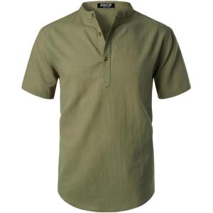 imageMens Summer Lightweight Cotton Linen Shirts Casual Short Sleeve Breathable Banded Collar Henley for Beach VacationArmy Green