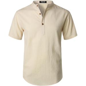 imageMens Summer Lightweight Cotton Linen Shirts Casual Short Sleeve Breathable Banded Collar Henley for Beach VacationBeige