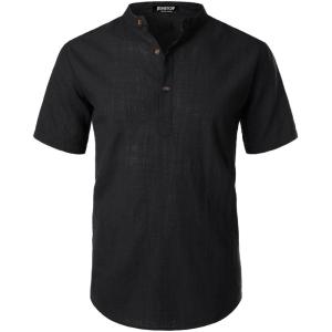 imageMens Summer Lightweight Cotton Linen Shirts Casual Short Sleeve Breathable Banded Collar Henley for Beach VacationBlack