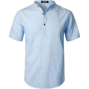 imageMens Summer Lightweight Cotton Linen Shirts Casual Short Sleeve Breathable Banded Collar Henley for Beach VacationBlue