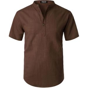 imageMens Summer Lightweight Cotton Linen Shirts Casual Short Sleeve Breathable Banded Collar Henley for Beach VacationBrown
