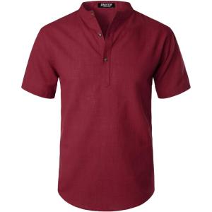 imageMens Summer Lightweight Cotton Linen Shirts Casual Short Sleeve Breathable Banded Collar Henley for Beach VacationBurgundy