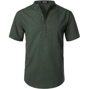 imageMens Summer Lightweight Cotton Linen Shirts Casual Short Sleeve Breathable Banded Collar Henley for Beach VacationDark Green