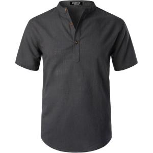 imageMens Summer Lightweight Cotton Linen Shirts Casual Short Sleeve Breathable Banded Collar Henley for Beach VacationDark Grey