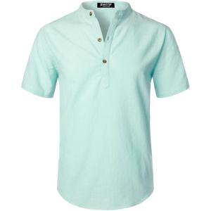 imageMens Summer Lightweight Cotton Linen Shirts Casual Short Sleeve Breathable Banded Collar Henley for Beach VacationLight Green