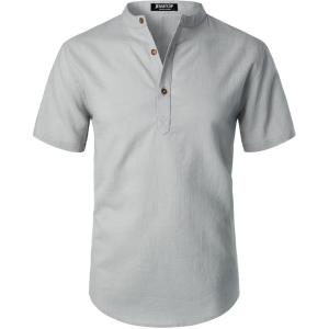 imageMens Summer Lightweight Cotton Linen Shirts Casual Short Sleeve Breathable Banded Collar Henley for Beach VacationLight Grey