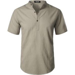 imageMens Summer Lightweight Cotton Linen Shirts Casual Short Sleeve Breathable Banded Collar Henley for Beach VacationLight Khaki