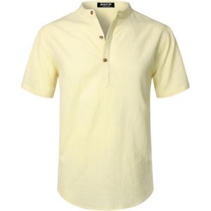 imageMens Summer Lightweight Cotton Linen Shirts Casual Short Sleeve Breathable Banded Collar Henley for Beach VacationLight Yellow