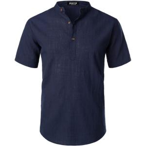 imageMens Summer Lightweight Cotton Linen Shirts Casual Short Sleeve Breathable Banded Collar Henley for Beach VacationNavy Blue
