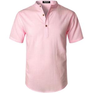 imageMens Summer Lightweight Cotton Linen Shirts Casual Short Sleeve Breathable Banded Collar Henley for Beach VacationPink