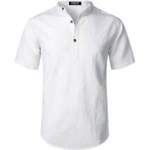 imageMens Summer Lightweight Cotton Linen Shirts Casual Short Sleeve Breathable Banded Collar Henley for Beach VacationWhite