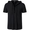 imageMens Cotton Vintage Hooded Design Short Sleeve Lace up Shirts for Renaissance Pirate Viking Medieval CostumeBlack