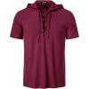 imageMens Cotton Vintage Hooded Design Short Sleeve Lace up Shirts for Renaissance Pirate Viking Medieval CostumeBurgundy