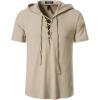 imageMens Cotton Vintage Hooded Design Short Sleeve Lace up Shirts for Renaissance Pirate Viking Medieval CostumeKhaki