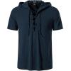 imageMens Cotton Vintage Hooded Design Short Sleeve Lace up Shirts for Renaissance Pirate Viking Medieval CostumeNavy Blue