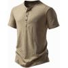 imageMens Stretchy Short Sleeve Slim Fit Henley TShirt Casual Cotton 4 Buttons Tee ShirtsKhaki
