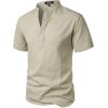 imageMens Stylish Seersucker Texture Short Sleeve Henley Shirts Lightweight Stretch Band Collar Beach Vacation TopBeige