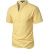 imageMens Stylish Seersucker Texture Short Sleeve Henley Shirts Lightweight Stretch Band Collar Beach Vacation TopYellow