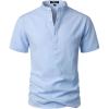 imageMens Stylish Seersucker Texture Short Sleeve Henley Shirts Lightweight Stretch Band Collar Beach Vacation TopLight Blue