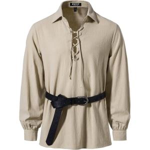imageMens Cotton Lace Up Retro Design Shirts for Renaissance Pirate Viking Medieval Costume Without BeltKhaki
