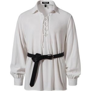 imageMens Cotton Lace Up Retro Design Shirts for Renaissance Pirate Viking Medieval Costume Without BeltWhite