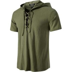 imageMens Cotton Vintage Hooded Design Short Sleeve Lace up Shirts for Renaissance Pirate Viking Medieval CostumeArmy Green