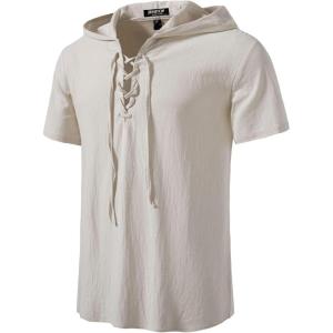 imageMens Cotton Vintage Hooded Design Short Sleeve Lace up Shirts for Renaissance Pirate Viking Medieval CostumeBeige