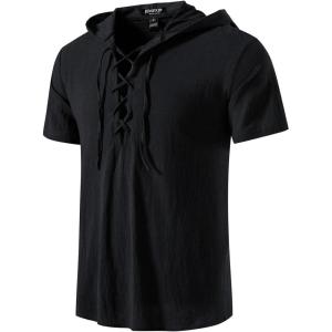 imageMens Cotton Vintage Hooded Design Short Sleeve Lace up Shirts for Renaissance Pirate Viking Medieval CostumeBlack