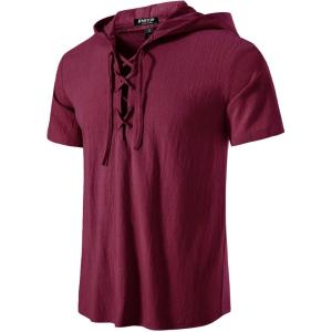 imageMens Cotton Vintage Hooded Design Short Sleeve Lace up Shirts for Renaissance Pirate Viking Medieval CostumeBurgundy