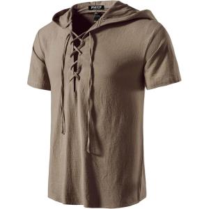 imageMens Cotton Vintage Hooded Design Short Sleeve Lace up Shirts for Renaissance Pirate Viking Medieval CostumeCoffee