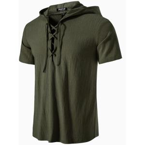 imageMens Cotton Vintage Hooded Design Short Sleeve Lace up Shirts for Renaissance Pirate Viking Medieval CostumeDark Army Green