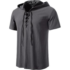 imageMens Cotton Vintage Hooded Design Short Sleeve Lace up Shirts for Renaissance Pirate Viking Medieval CostumeGrey