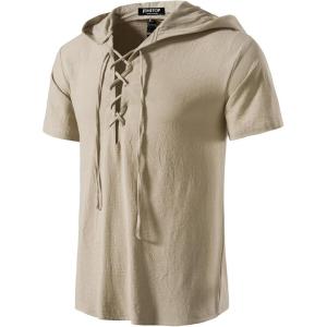 imageMens Cotton Vintage Hooded Design Short Sleeve Lace up Shirts for Renaissance Pirate Viking Medieval CostumeKhaki