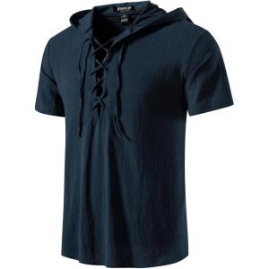 imageMens Cotton Vintage Hooded Design Short Sleeve Lace up Shirts for Renaissance Pirate Viking Medieval CostumeNavy Blue