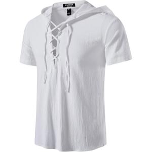 imageMens Cotton Vintage Hooded Design Short Sleeve Lace up Shirts for Renaissance Pirate Viking Medieval CostumeWhite