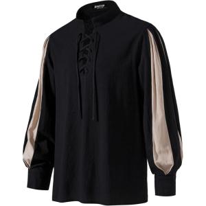 imageMens Retro Lace Up Shirts for Renaissance Pirate Clown Medieval Viking CostumeBlack Khaki