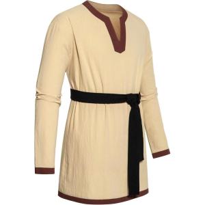 imageMens Retro Pure Cotton Long Sleeves Tunic Shirts for Viking Medieval Renaissance Costume Without BeltKhakib