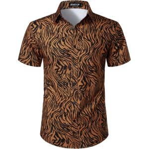 imageMens Stretchy Causal Leopard Cheetah Print Short Sleeve Slim Fit Button Up ShirtBrown Zebra
