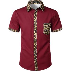 imageMens Stretchy Causal Leopard Cheetah Print Short Sleeve Slim Fit Button Up ShirtBurgundy Leopard