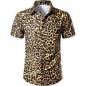 imageMens Stretchy Causal Leopard Cheetah Print Short Sleeve Slim Fit Button Up ShirtGold