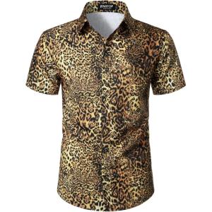 imageMens Stretchy Causal Leopard Cheetah Print Short Sleeve Slim Fit Button Up ShirtGold Cheetah