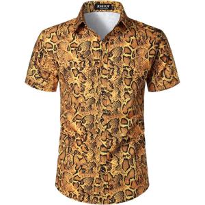 imageMens Stretchy Causal Leopard Cheetah Print Short Sleeve Slim Fit Button Up ShirtGold Snake