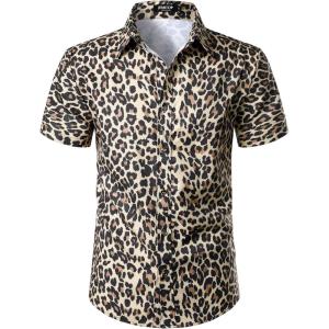 imageMens Stretchy Causal Leopard Cheetah Print Short Sleeve Slim Fit Button Up ShirtKhaki