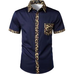 imageMens Stretchy Causal Leopard Cheetah Print Short Sleeve Slim Fit Button Up ShirtNavy Leopard