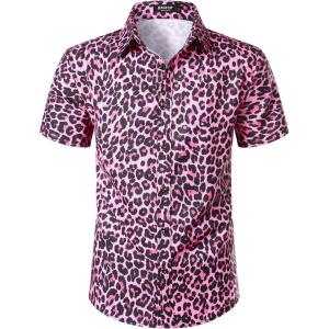 imageMens Stretchy Causal Leopard Cheetah Print Short Sleeve Slim Fit Button Up ShirtPink
